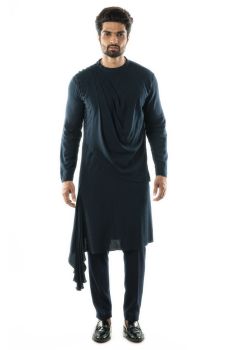 Navy Blue Pleated & Cowl Neckline Draped Kurta paired with a Navy Pant Pajama