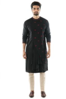 Black & Red Embroidered Pintuck Pleated Kurta paired with a Pant Pajama