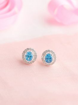 Oval Blue American Diamond Rhodium Studs in 925 Sterling Silver