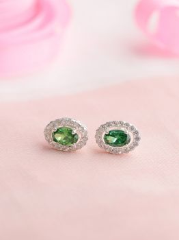 Oval Green American Diamond Rhodium Studs in 925 Sterling Silver