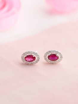 Oval Red American Diamond Rhodium Studs in 925 Sterling Silver