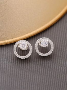 Round CZ Studded Rhodium Earrings in 925 Sterling Silver