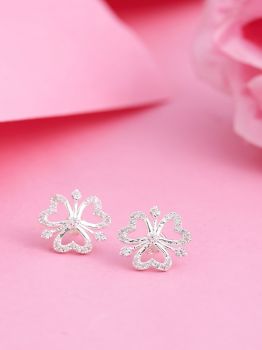 Heart Floral CZ Studded Rhodium Studs in 925 Sterling Silver
