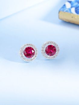 Round Red Solitaire American Diamond Rhodium Studs in 925 Sterling Silver