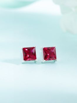 Square Red American Diamond Rhodium Studs in 925 Sterling Silver