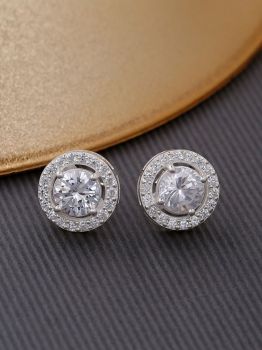 Round Halo CZ Rhodium Studs in 925 Sterling Silver