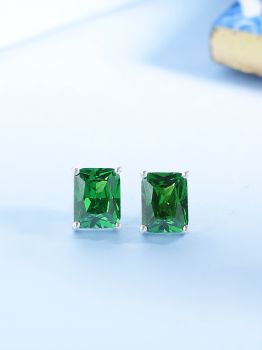 Oblong Green American Diamond Rhodium Studs in 925 Sterling Silver