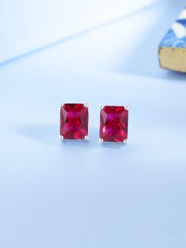 Oblong Red American Diamond Rhodium Studs in 925 Sterling Silver