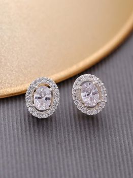 Oval Halo Solitaire Rhodium Studs in 925 Sterling Silver