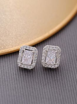 Oblong Halo CZ Rhodium Studs in 925 Sterling Silver