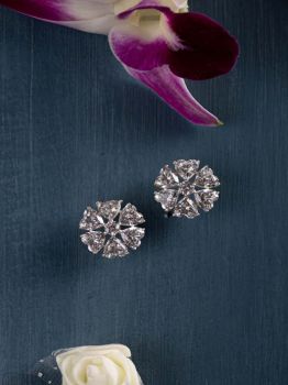 Floral CZ Studded Rhodium Studs in 925 Sterling Silver