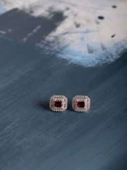 Double Halo Red American Diamond Rhodium Studs in 925 Sterling Silver