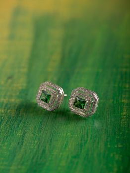 Double Halo Green American Diamond Rhodium Studs in 925 Sterling Silver