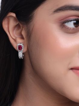 Rectangle Red American Diamond Drop Rhodium Earrings in 925 Sterling Silver