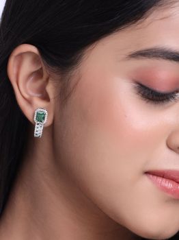 Rectangle Green American Diamond Drop Rhodium Earrings in 925 Sterling Silver
