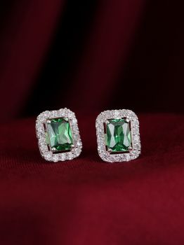 Oblong Halo Green American Diamond Rhodium Studs in 925 Sterling Silver