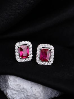 Oblong Halo Red American Diamond Rhodium Studs in 925 Sterling Silver