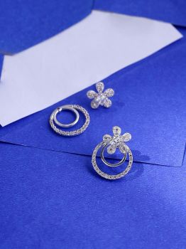 Floral Round CZ Rhodium Studs in 925 Sterling Silver
