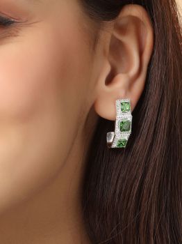 Green Square American Diamond Drop Rhodium Earrings in 925 Sterling Silver