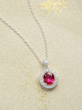 Oval Halo Red American Diamond Rhodium Pendant in 925 Sterling Silver