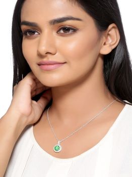 Halo Solitaire Green American Diamond Studded Rhodium Pendant in 925 Sterling Silver