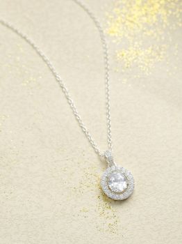 Oval Halo Solitaire Rhodium Pendant in 925 Sterling Silver