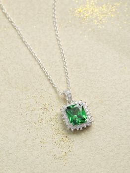 Green American Diamond Rhodium Pendant (With Chain) in 925 Sterling Silver