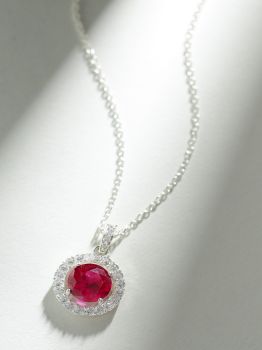 Halo Solitaire Red American Diamond Studded Rhodium Pendant in 925 Sterling Silver
