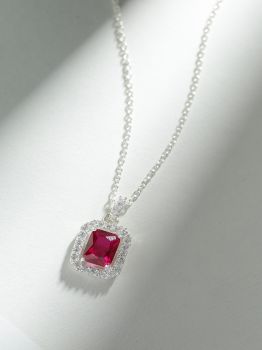 Solitaire Red American Diamond Rhodium Pendant in 925 Sterling Silver