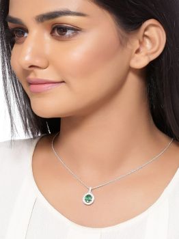Halo Solitaire Green American Diamond Studded Rhodium Pendant in 925 Sterling Silver