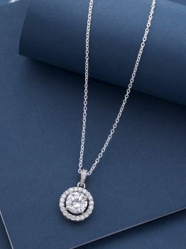 Halo Solitaire CZ Studded Rhodium Pendant in 925 Sterling Silver