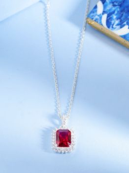 Red American Diamond Rhodium Pendant (With Chain) in 925 Sterling Silver
