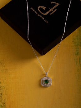 Double Halo Green American Diamond Rhodium Pendant (With Chain) in 925 Sterling Silver
