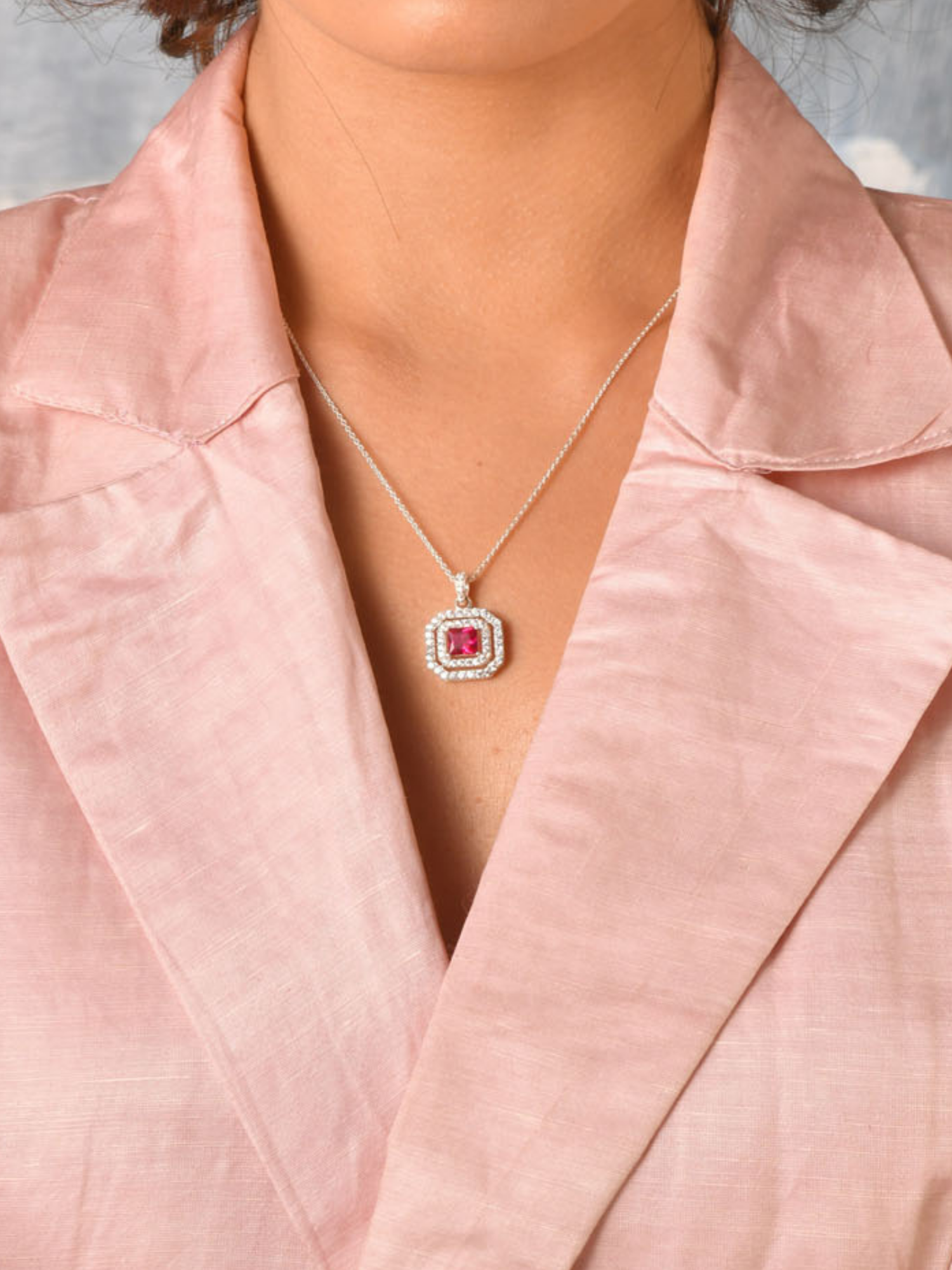 Double Halo Red American Diamond Rhodium Pendant (With Chain) in 925 Sterling Silver