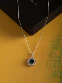 Oval Green Crystal Soltaire CZ Studded rhodium Pendant in 925 Sterling Silver