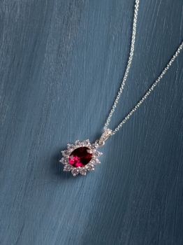 Oval Red Crystal Soltaire CZ Studded rhodium Pendant in 925 Sterling Silver