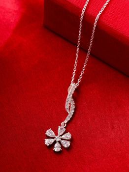 Flower Dangler CZ Rhodium Pendant (With Chain) in 925 Sterling Silver