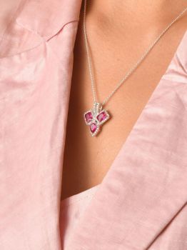 Tri Red Solitaire CZ Studded Rhodium Pendant in 925 Sterling Silver