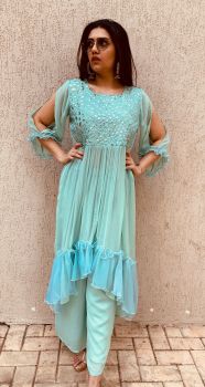 Aqua blue embroidered long top with a centre opening and pants