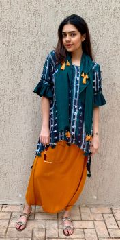 Bottle green textured linen kurti with a scarf and mustard satin dhoti
