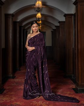 Wine satin saree with velvet sequins blouse