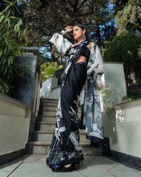 Black and White floral printed saree