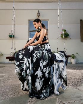 Black and White floral printed lehenga
