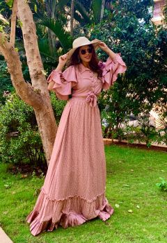 Pink chikankri skirt with a knot up shirt and matching Potli