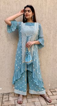 Powder blue chikankari top & pants with a long jacket and matching Potli