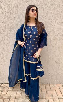 Navy Blue embroidered Sharara set with matching Potli