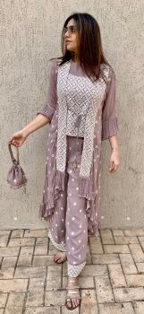 Taupe chikankri top & pants with a long jacket and matching Potli.