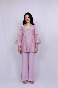 Lilac Floral Embroidery Short Shirt Bell Bottom Set
