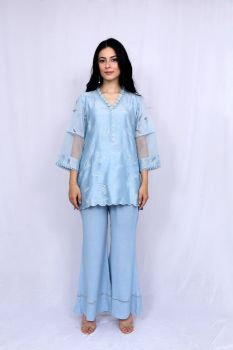 Powder Blue Embroidery Short Shirt Bell Bottom Set