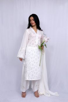 White Embroidered Self Panel Suit